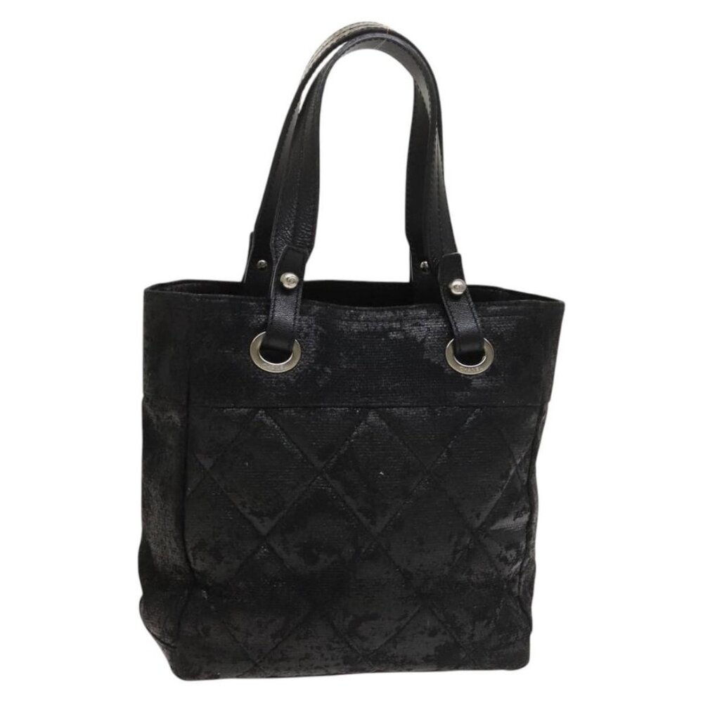 CHANEL Paris Biarritz Tote Bag Coated Canvas Black Silver CC Auth 129603